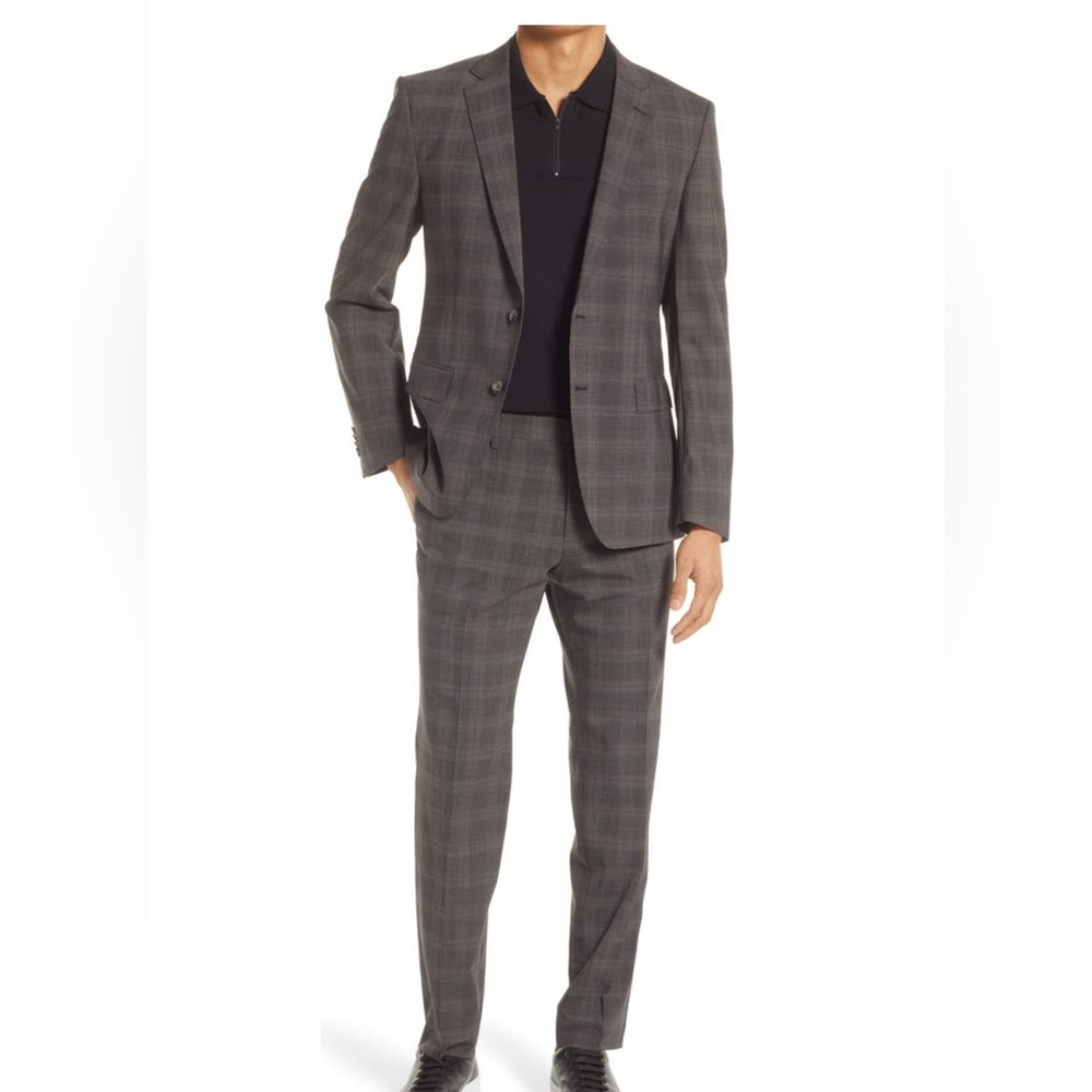 BOSS Plaid Stretch Wool 40R in Open Brown